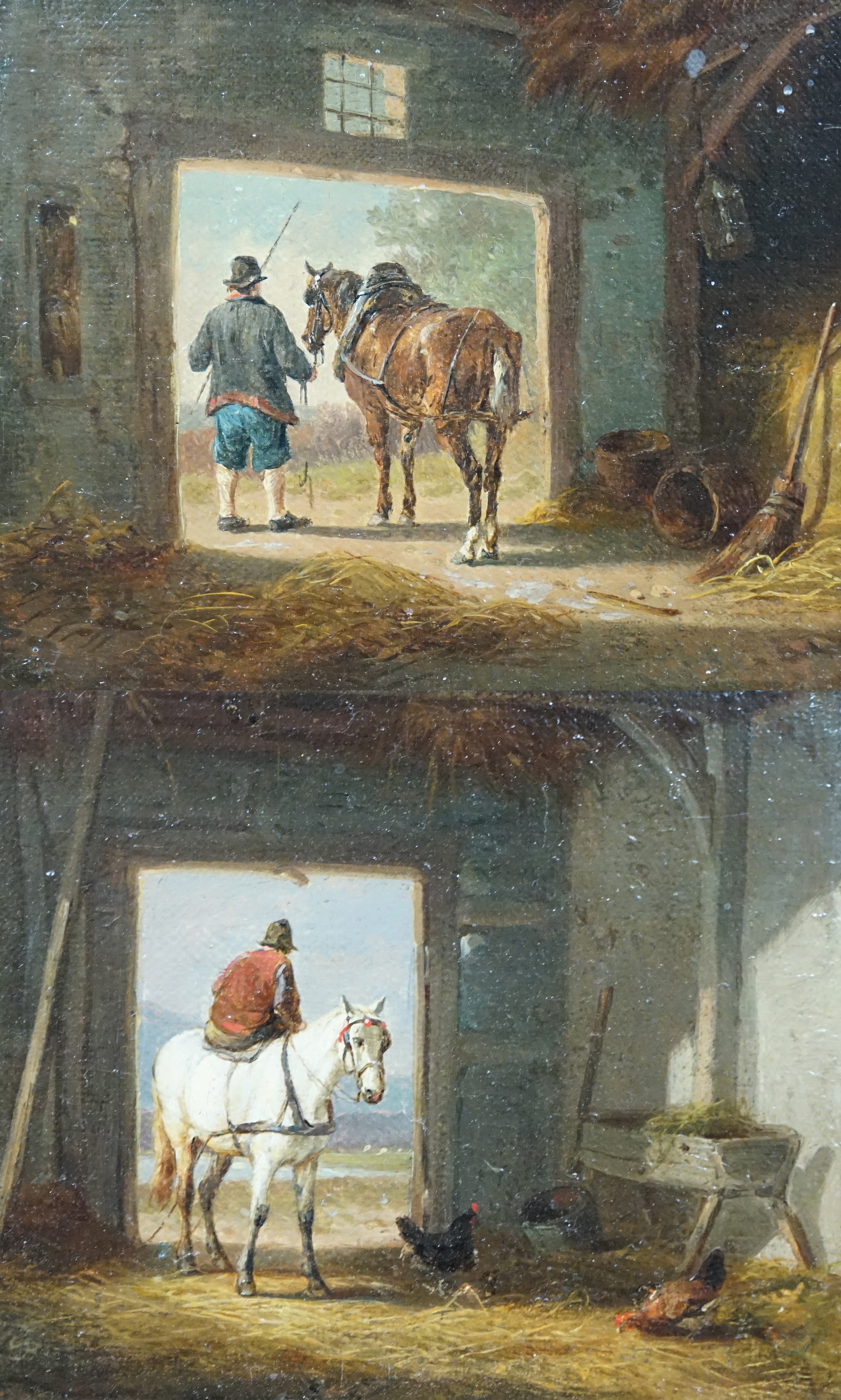 Attributed to Eugene Verboeckhoven (Belgian, 1798-1881), pair of oils on canvas laid on board, Horse and rider entering and leaving a stable, 12 x 14.5cm